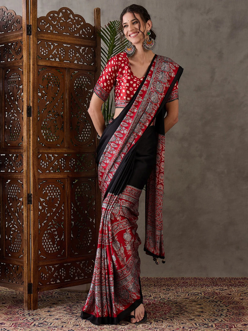 Black Semi Modal Saree With Blouse Piece - EZBER