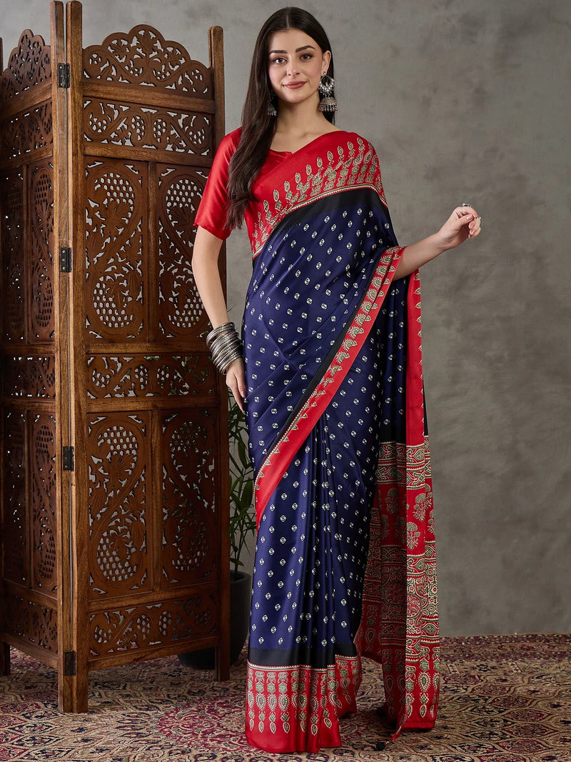 Blue Semi Modal Saree With Blouse Piece - EZBER