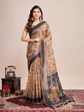 Cream Linen Blend Saree With Blouse Piece - EZBER
