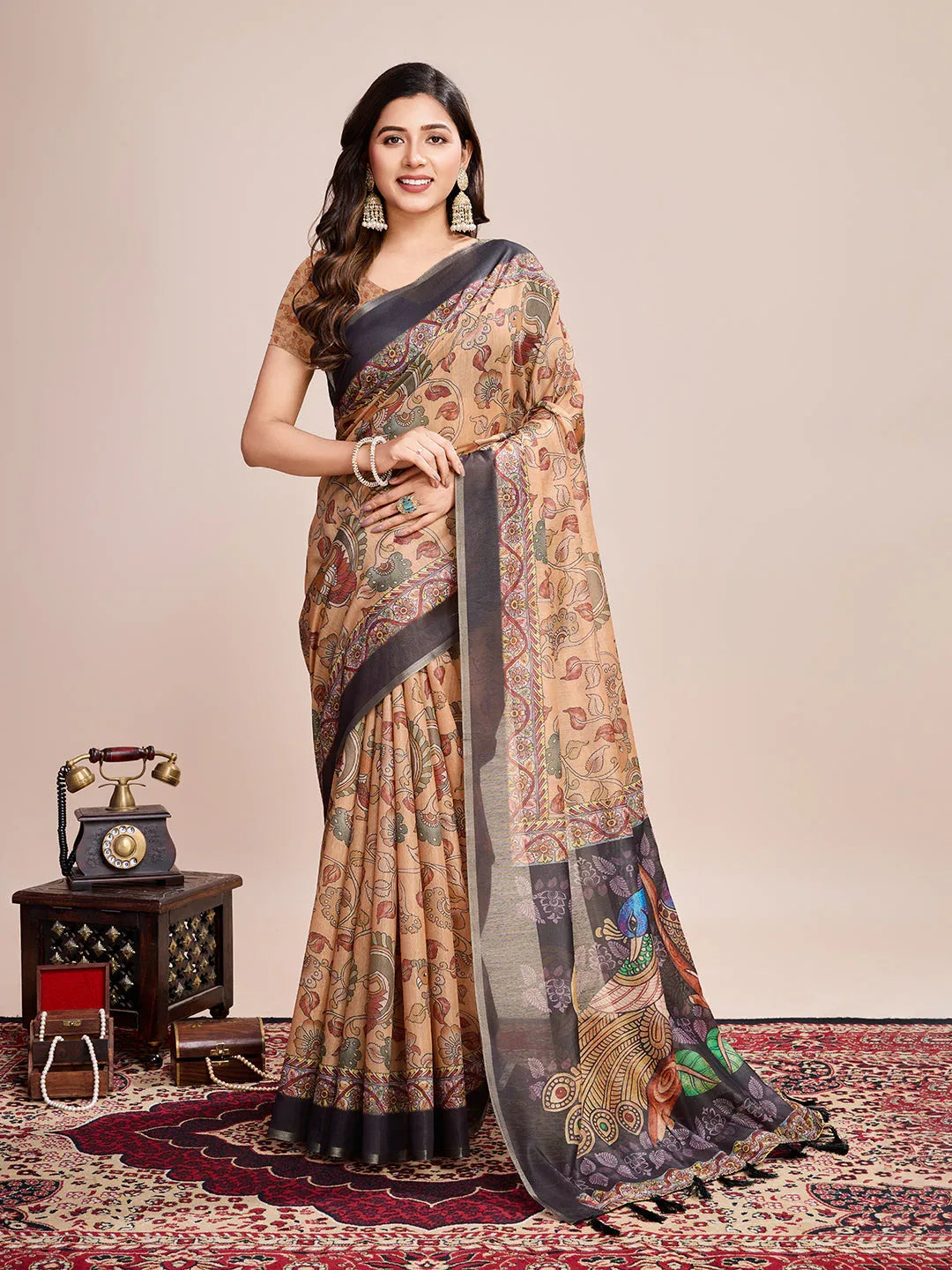 Cream Linen Blend Saree With Blouse Piece - EZBER