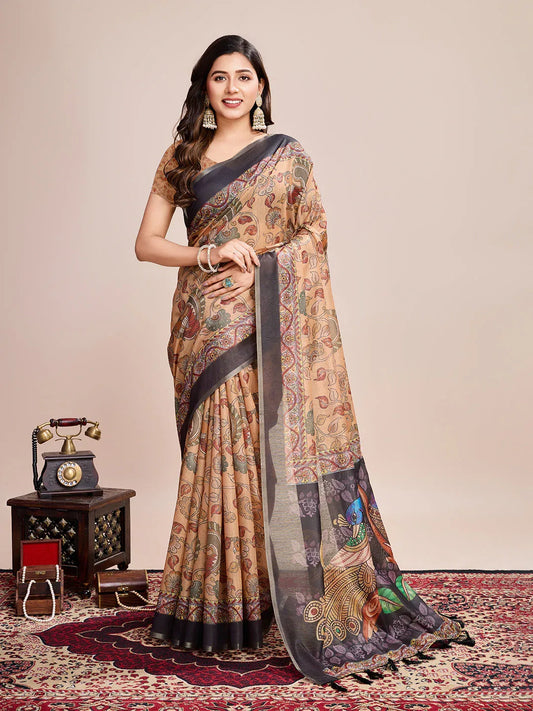 Cream Linen Blend Saree With Blouse Piece - EZBER