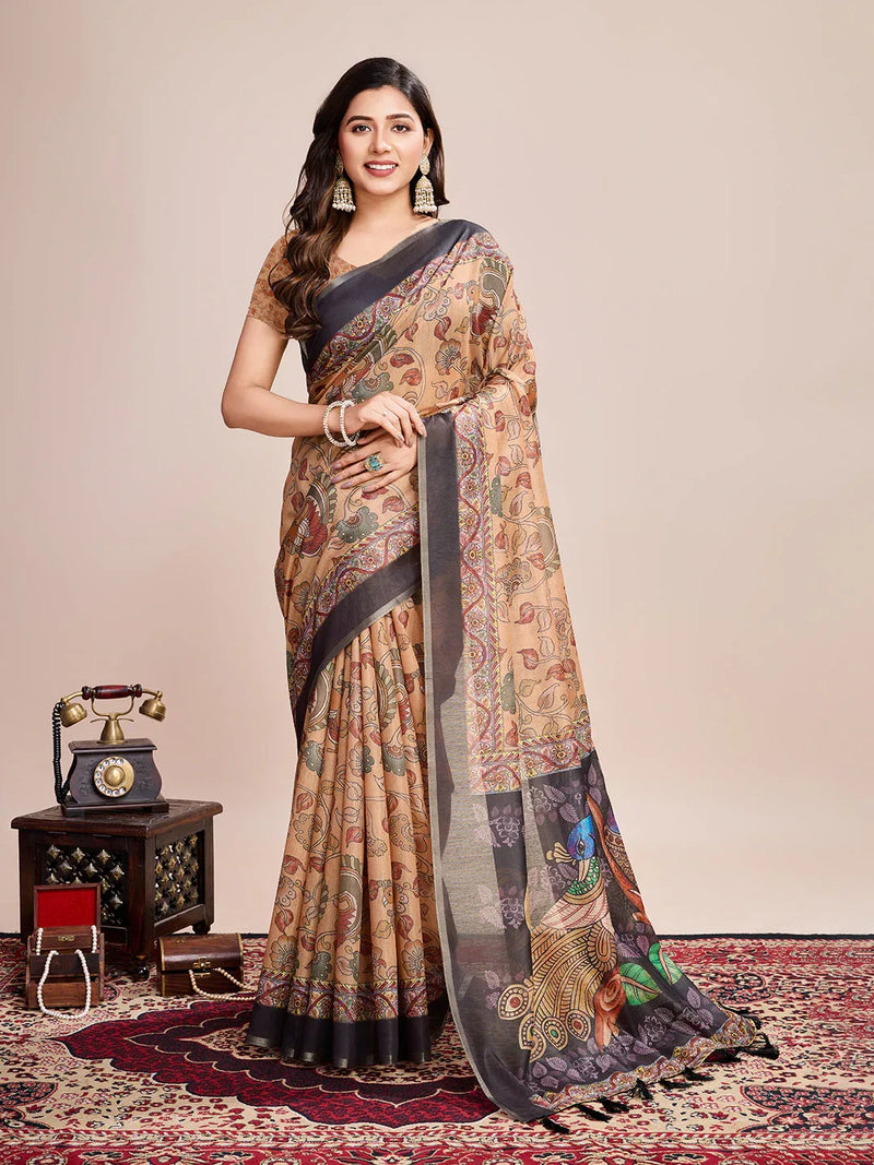 Cream Linen Blend Saree With Blouse Piece - EZBER