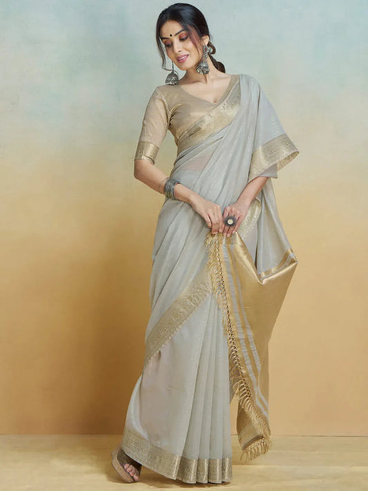 Grey Silk Saree With Blouse Piece - EZBER