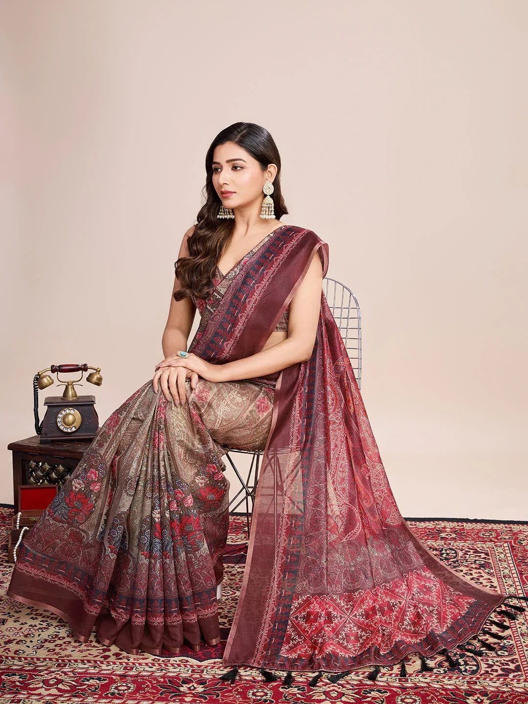 Red Linen Blend Saree With Blouse Piece - EZBER
