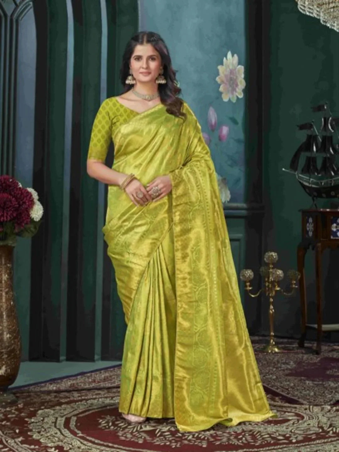 Yellow And Green Kanjivaram Saree - EZBER
