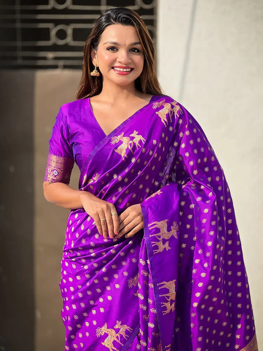 Violet Silk Blend Saree With Blouse Piece - EZBER