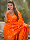 Orange Silk Blend Saree With Blouse Piece - EZBER