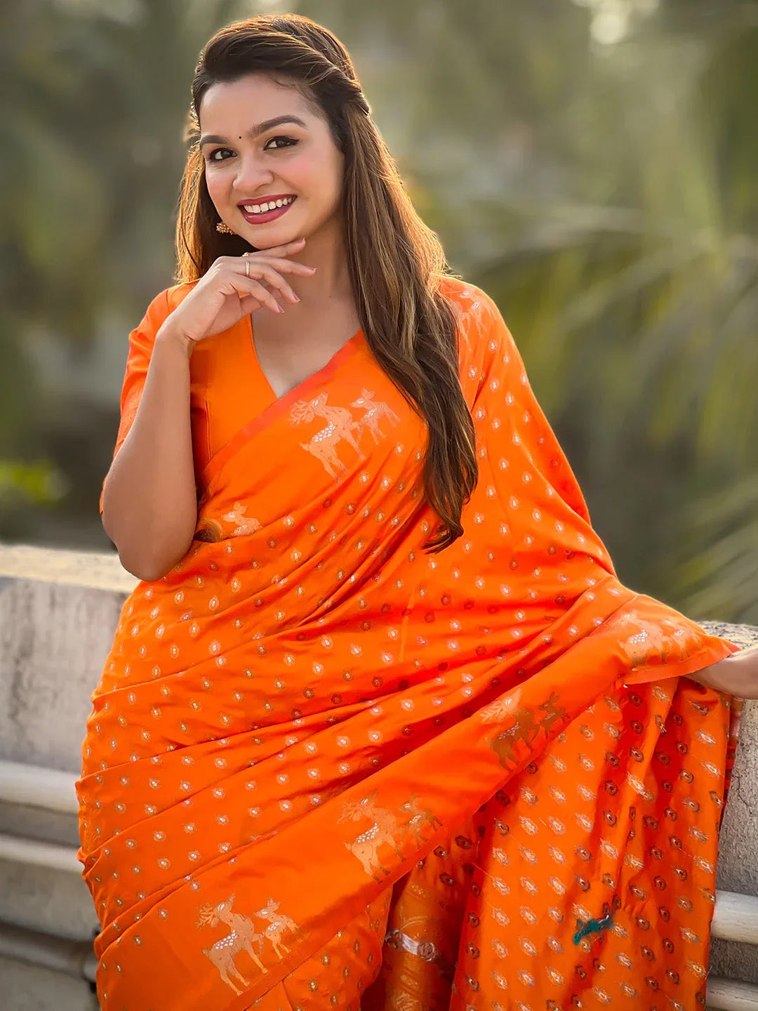 Orange Silk Blend Saree With Blouse Piece - EZBER