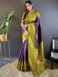 Parrot Green With Purple Soft Silk Saree With Blouse Piece - EZBER