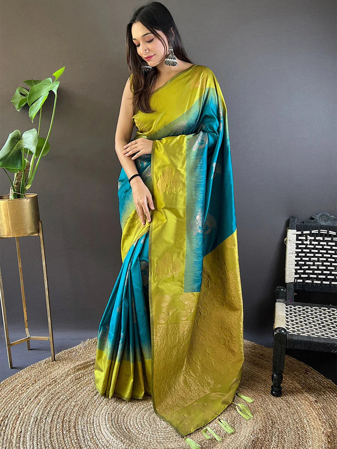 Blue With Green Soft Silk Saree With Blouse Piece - EZBER