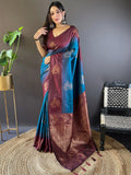 Maroon And Blue Soft Silk Saree With Blouse Piece - EZBER