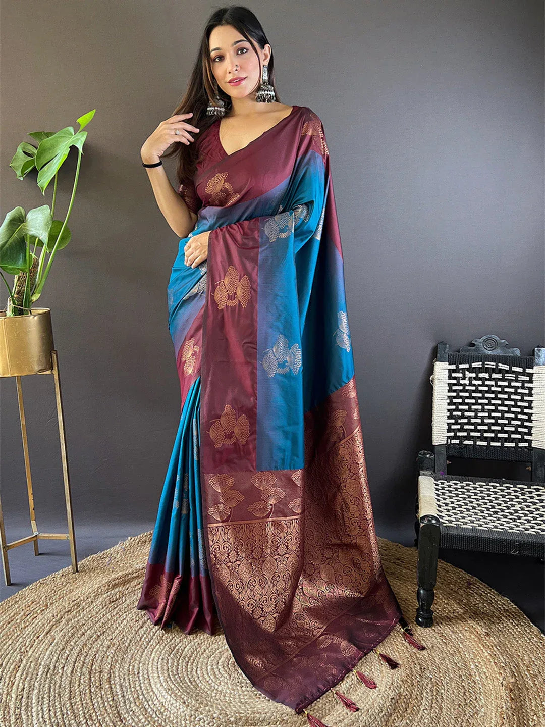 Maroon And Blue Soft Silk Saree With Blouse Piece - EZBER