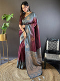 Grey And Maroon Soft Silk Saree With Blouse Piece - EZBER
