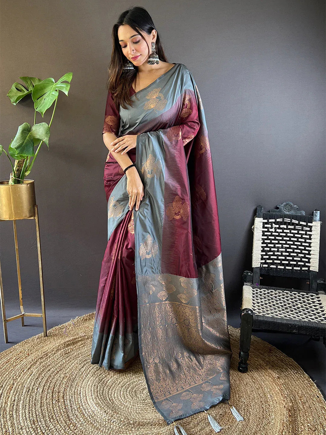 Grey And Maroon Soft Silk Saree With Blouse Piece - EZBER