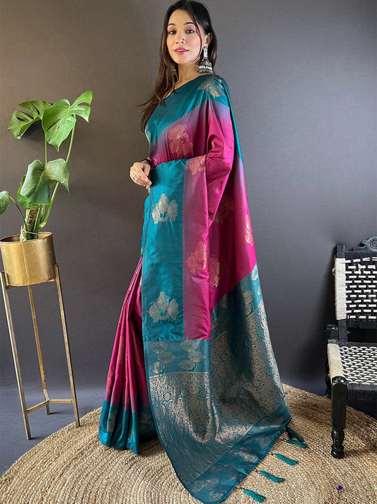 Pink And Blue Soft Silk Saree With Blouse Piece - EZBER