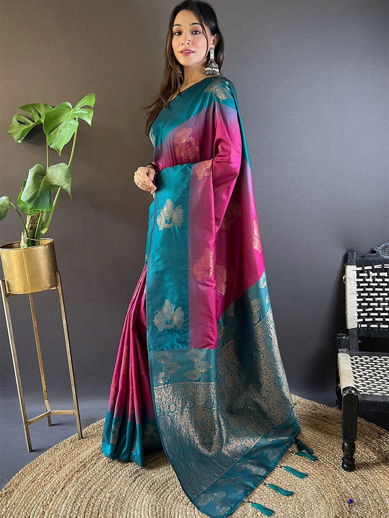 Pink And Blue Soft Silk Saree With Blouse Piece - EZBER