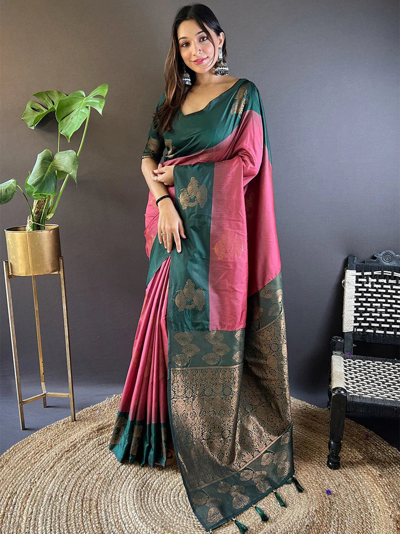 Mehandi And Maroon Soft Silk Saree With Blouse Piece - EZBER