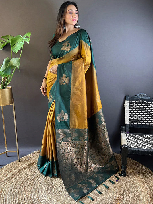 Mehandi And Yellow Soft Silk Saree With Blouse Piece - EZBER