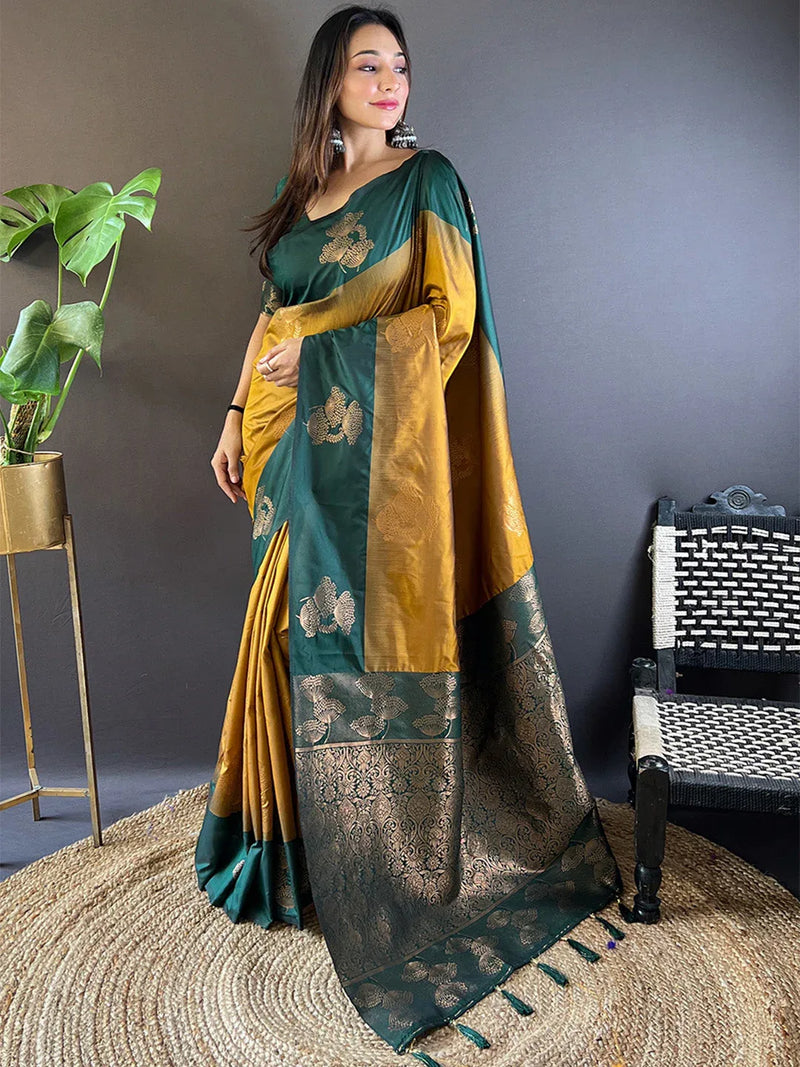Mehandi And Yellow Soft Silk Saree With Blouse Piece - EZBER