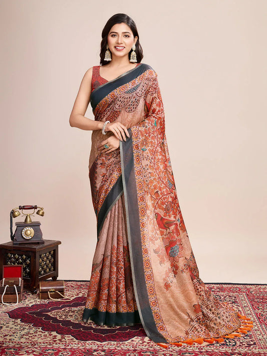 Orange Linen Blend Saree With Blouse Piece - EZBER
