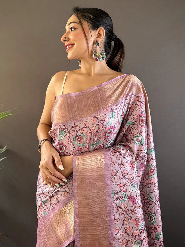 Pink Tussar Silk Saree With Blouse Piece - EZBER