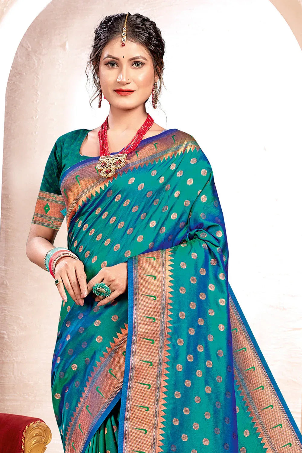 Turquoise Paithani Silk Saree With Blouse Piece - EZBER