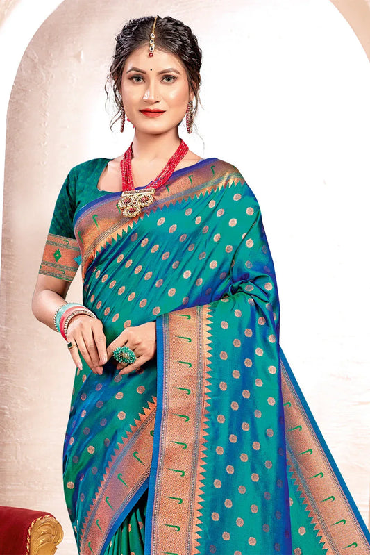 Turquoise Paithani Silk Saree With Blouse Piece - EZBER
