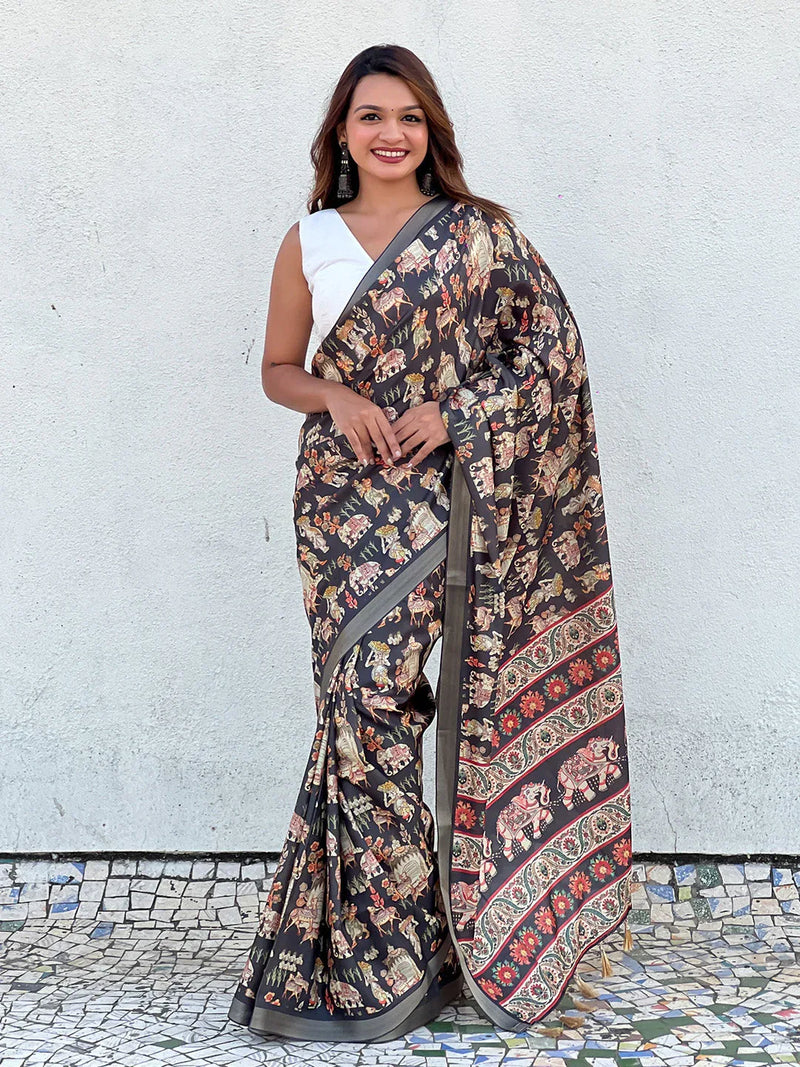 Cream With Black Tussar Silk Saree With Blouse Piece - EZBER