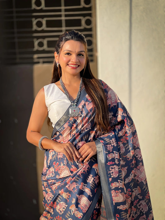 Blue Tussar Silk Saree With Blouse Piece - EZBER