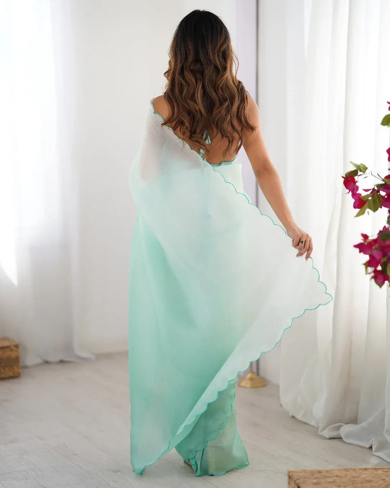 Crunchy Padding Acro Border Lace Ultra Sattin Embroidered Saree - EZBER