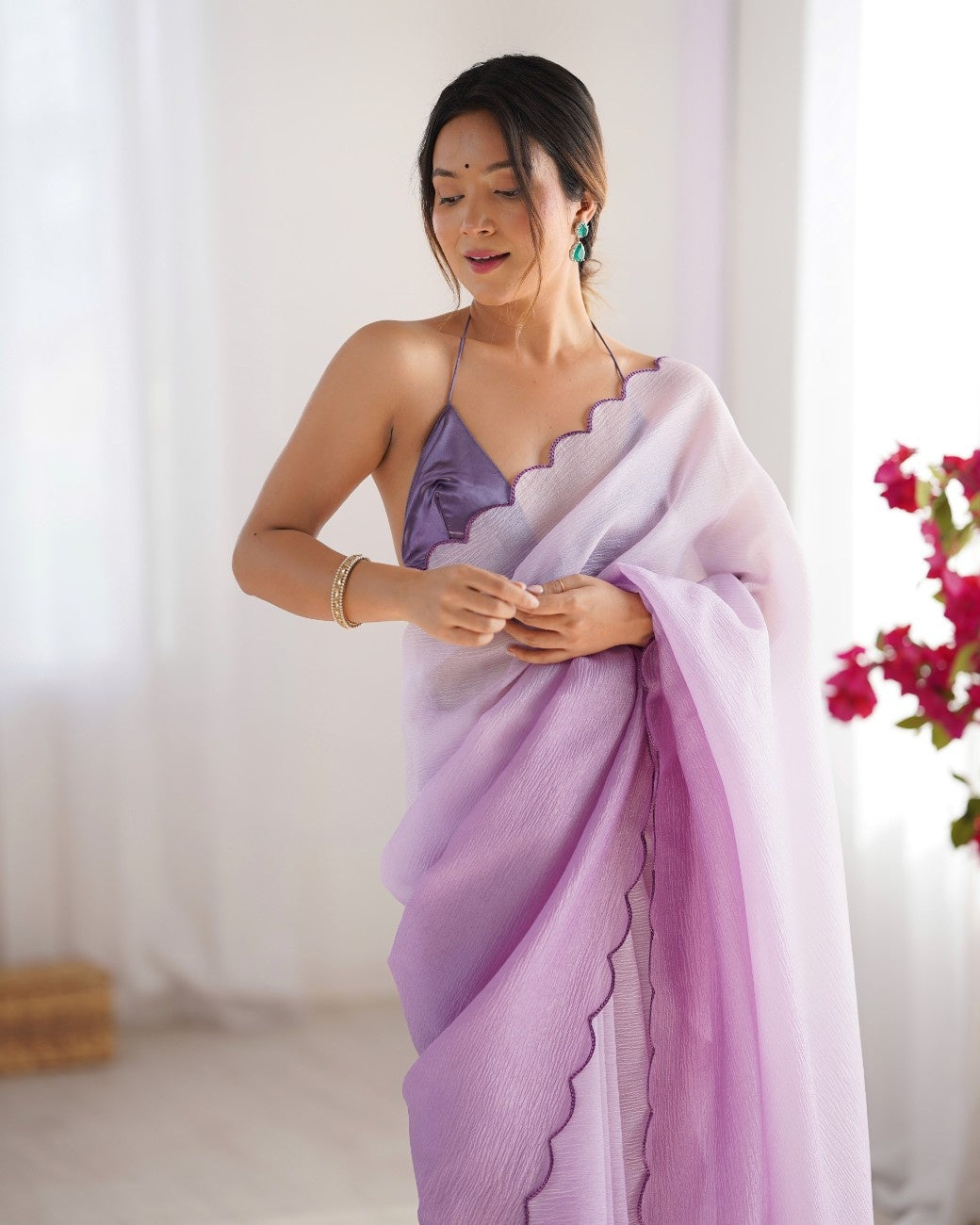 Crunchy Pedding Acro Border Lace Ultra Sattin Embroidered Saree