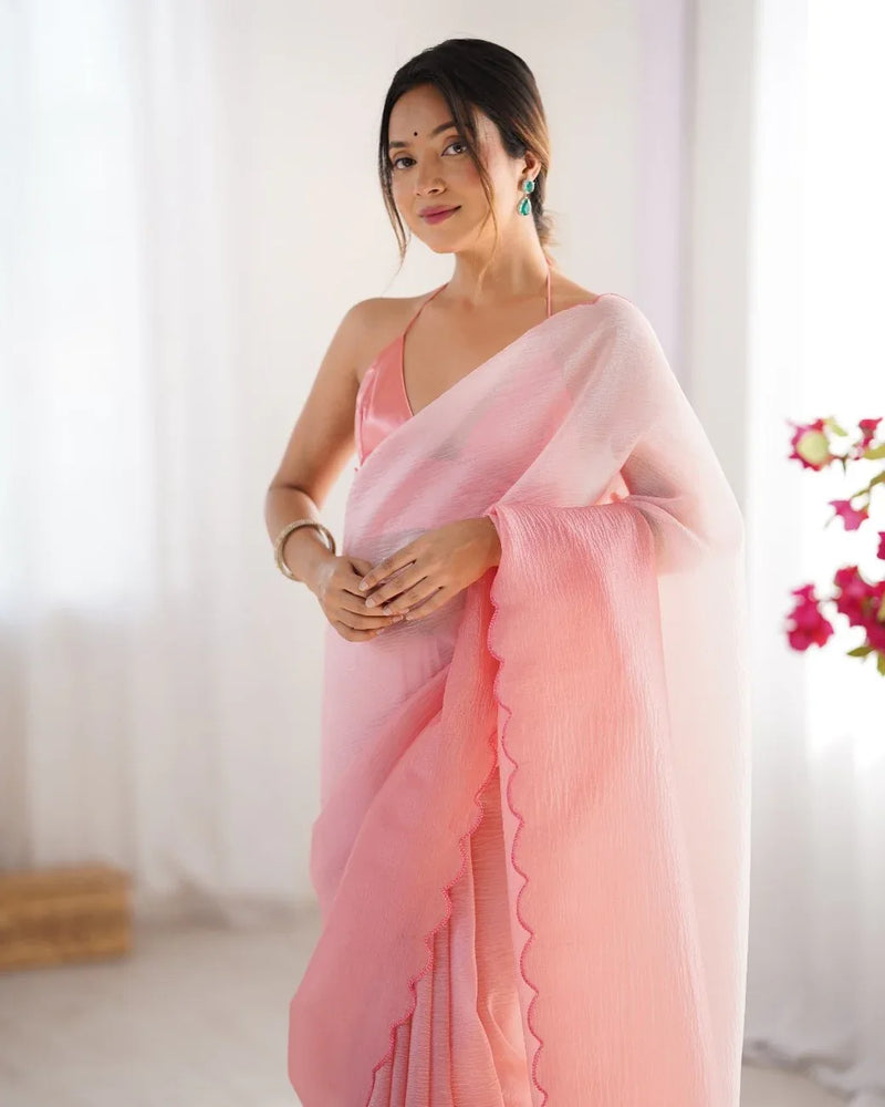 Crunchy Padding Acro Border Lace Ultra Sattin Embroidered Saree - EZBER