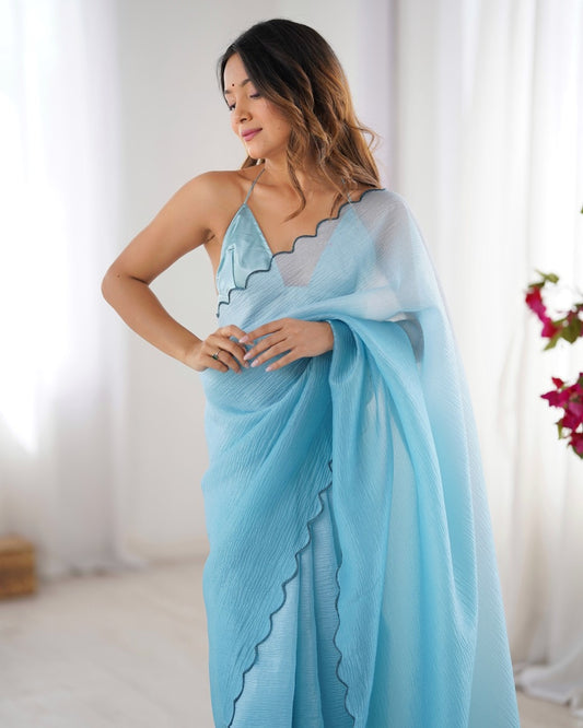 Crunchy Pedding Acro Border Lace Ultra Sattin Embroidered Saree