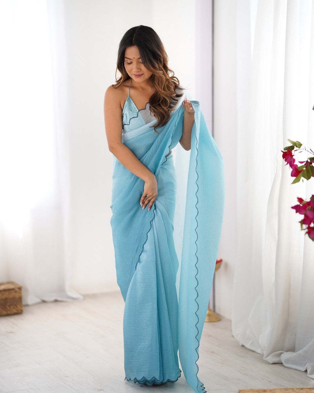 Crunchy Pedding Acro Border Lace Ultra Sattin Embroidered Saree
