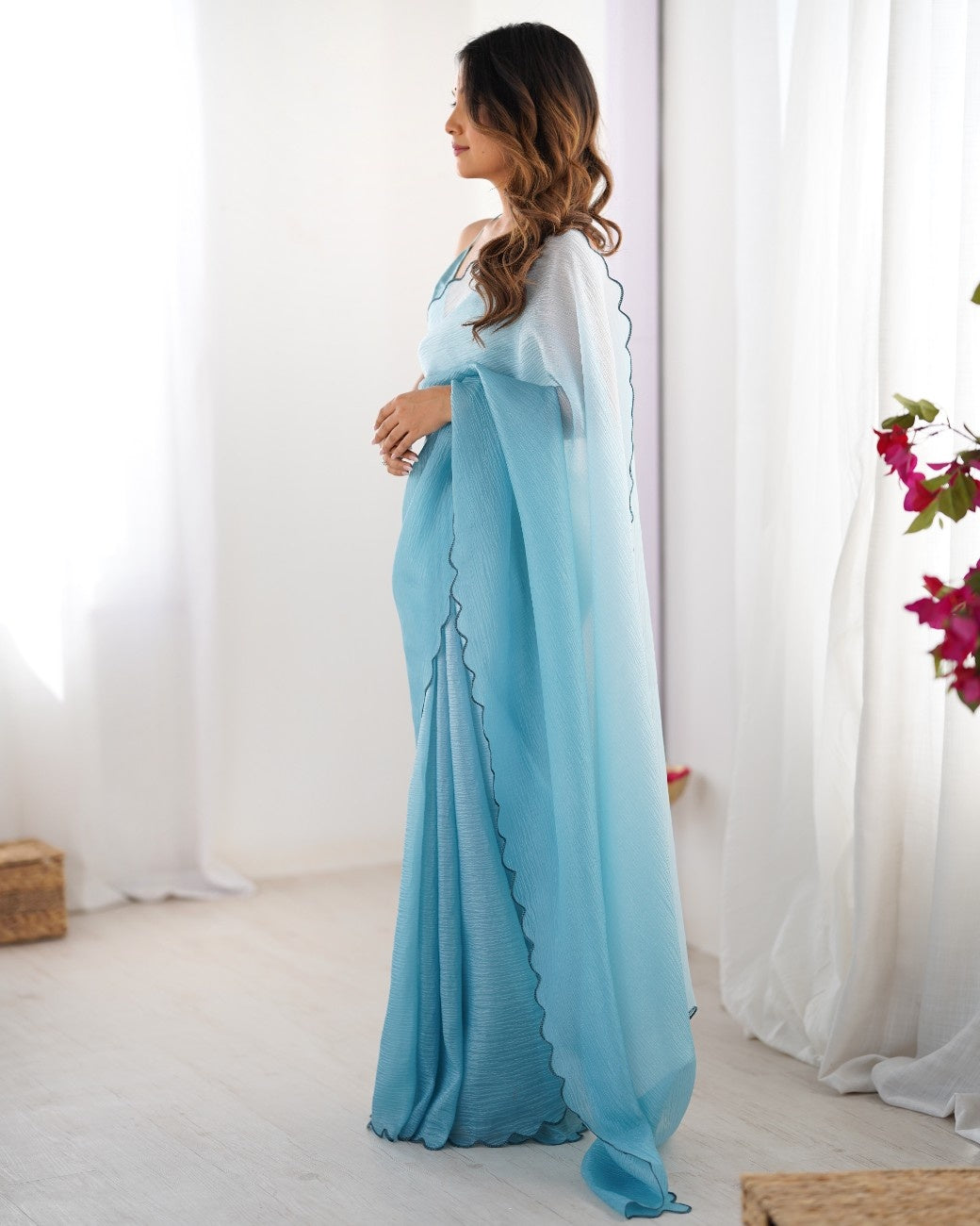 Crunchy Pedding Acro Border Lace Ultra Sattin Embroidered Saree