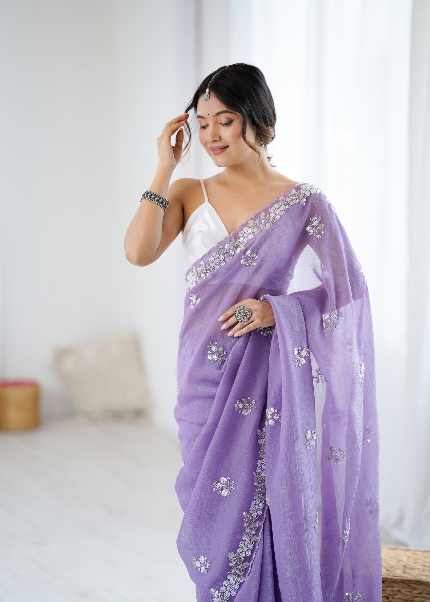 Chiffon Shaded Crush  Sequins And Moti And Cut Dana Embroidered  Work Ultra Sattin Blouse Piece