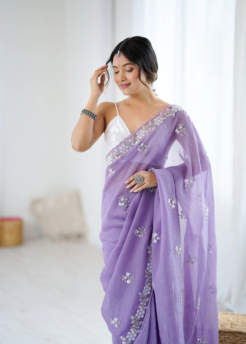 Chiffon Shaded Crush Sequins And Moti And Cut Dana Embroidered Work Ultra Sattin Blouse Piece - EZBER