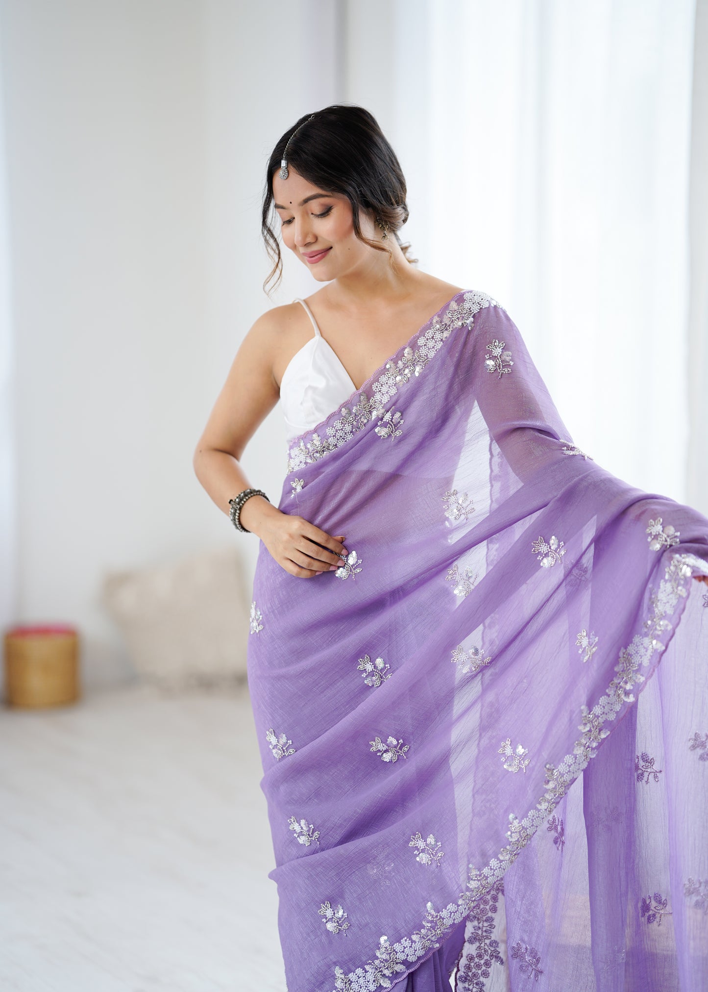 Chiffon Shaded Crush  Sequins And Moti And Cut Dana Embroidered  Work Ultra Sattin Blouse Piece