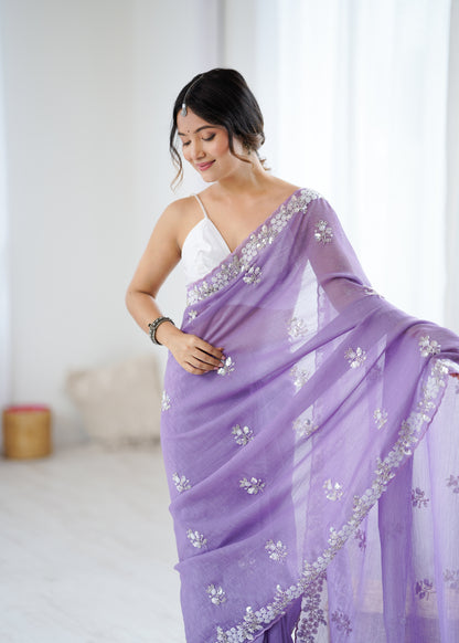 Chiffon Shaded Crush  Sequins And Moti And Cut Dana Embroidered  Work Ultra Sattin Blouse Piece