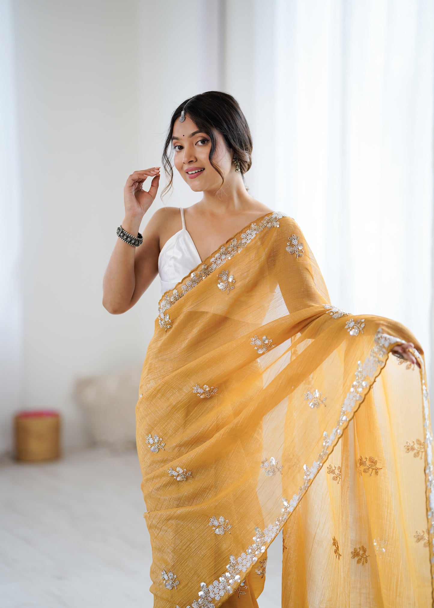 Chiffon Shaded Crush  Sequins And Moti And Cut Dana Embroidered  Work Ultra Sattin Blouse Piece