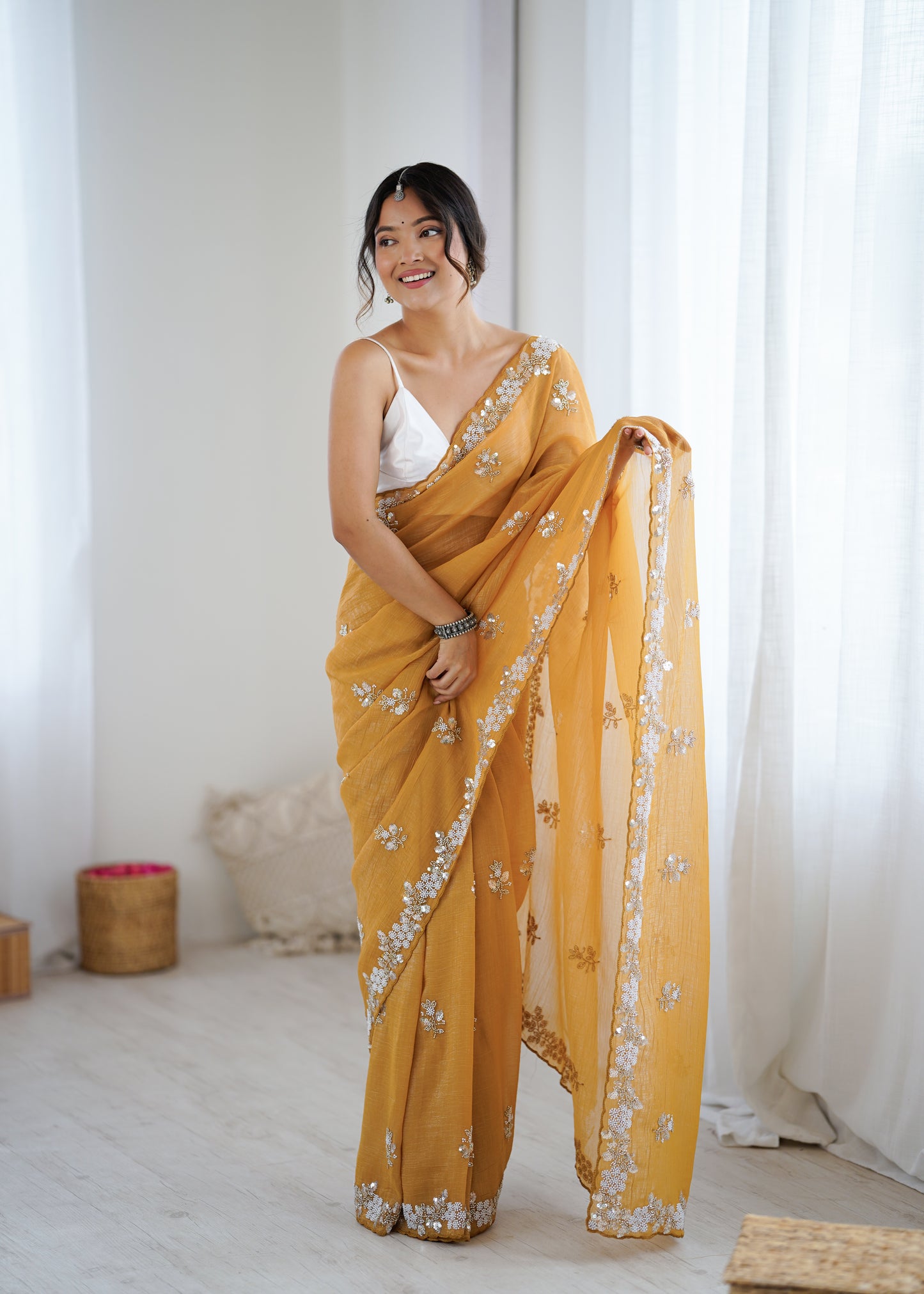 Chiffon Shaded Crush  Sequins And Moti And Cut Dana Embroidered  Work Ultra Sattin Blouse Piece