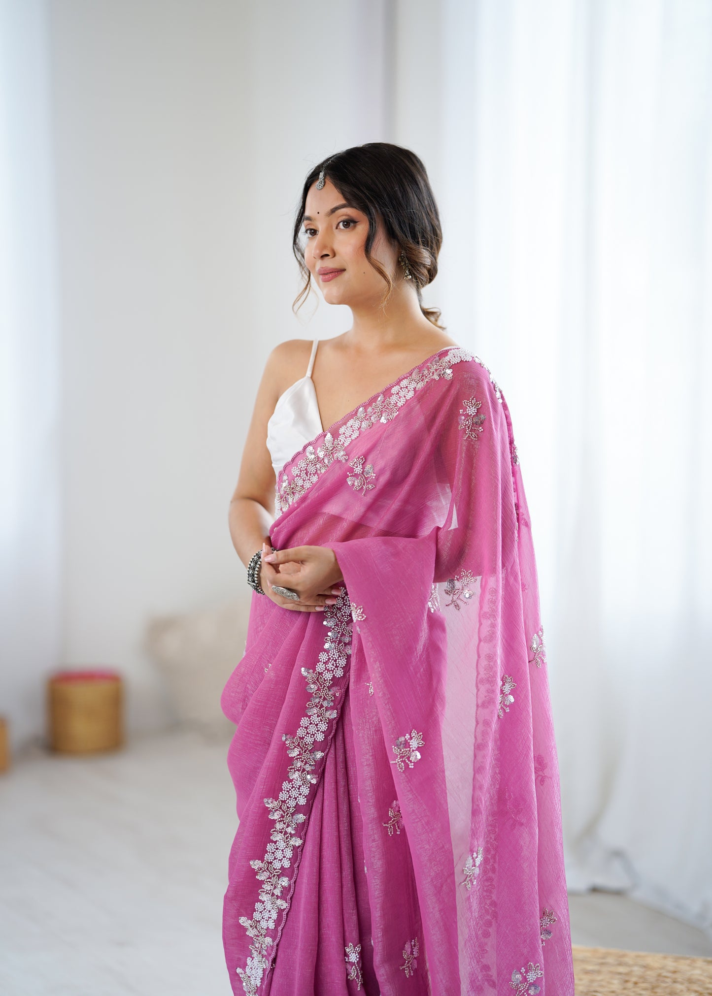 Chiffon Shaded Crush  Sequins And Moti And Cut Dana Embroidered  Work Ultra Sattin Blouse Piece