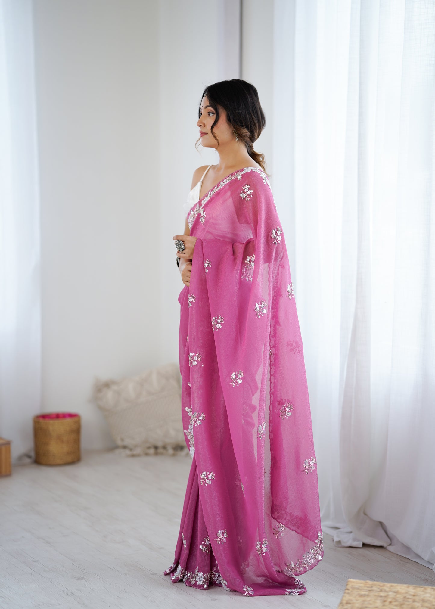 Chiffon Shaded Crush  Sequins And Moti And Cut Dana Embroidered  Work Ultra Sattin Blouse Piece