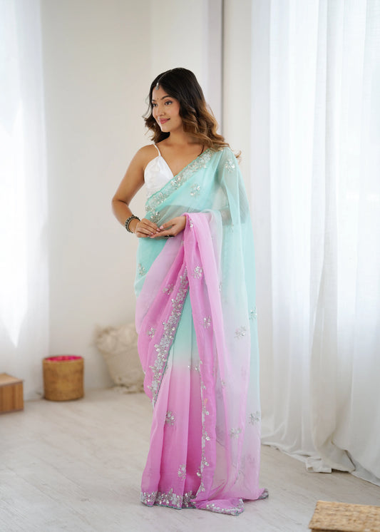 Chiffon Shaded Crush Sequins And Moti And Cut Dana Embroidered Work Ultra Sattin Blouse Piece - EZBER