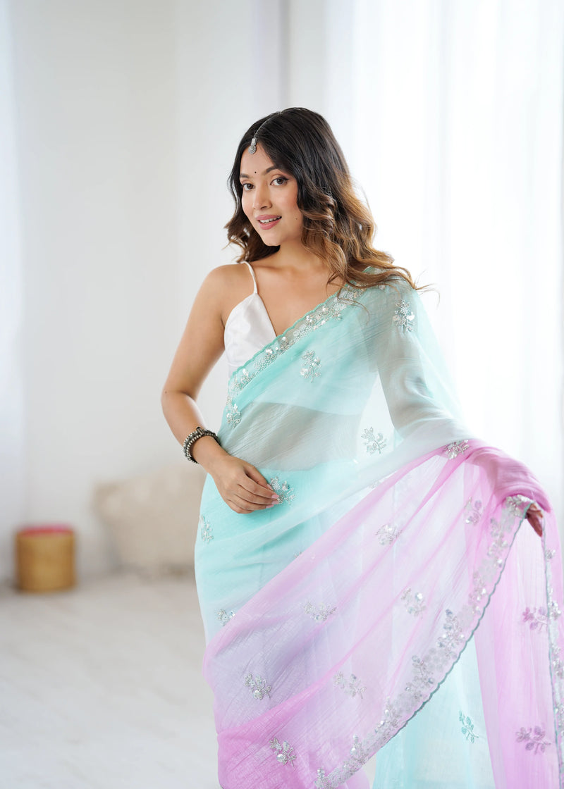 Chiffon Shaded Crush Sequins And Moti And Cut Dana Embroidered Work Ultra Sattin Blouse Piece - EZBER