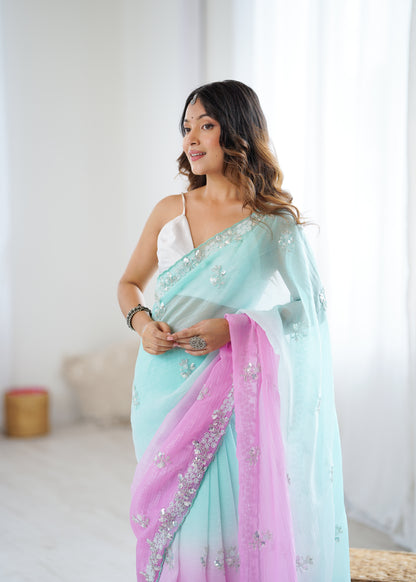 Chiffon Shaded Crush  Sequins And Moti And Cut Dana Embroidered  Work Ultra Sattin Blouse Piece