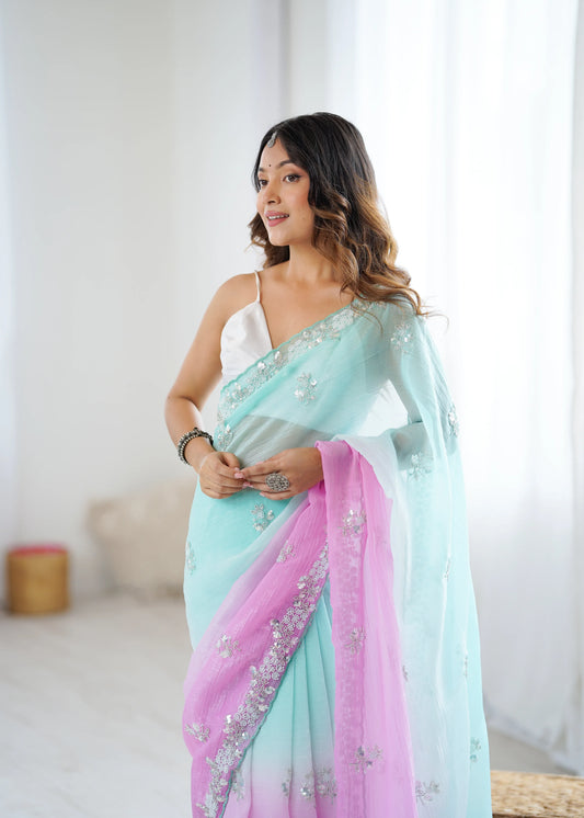 Chiffon Shaded Crush Sequins And Moti And Cut Dana Embroidered Work Ultra Sattin Blouse Piece - EZBER