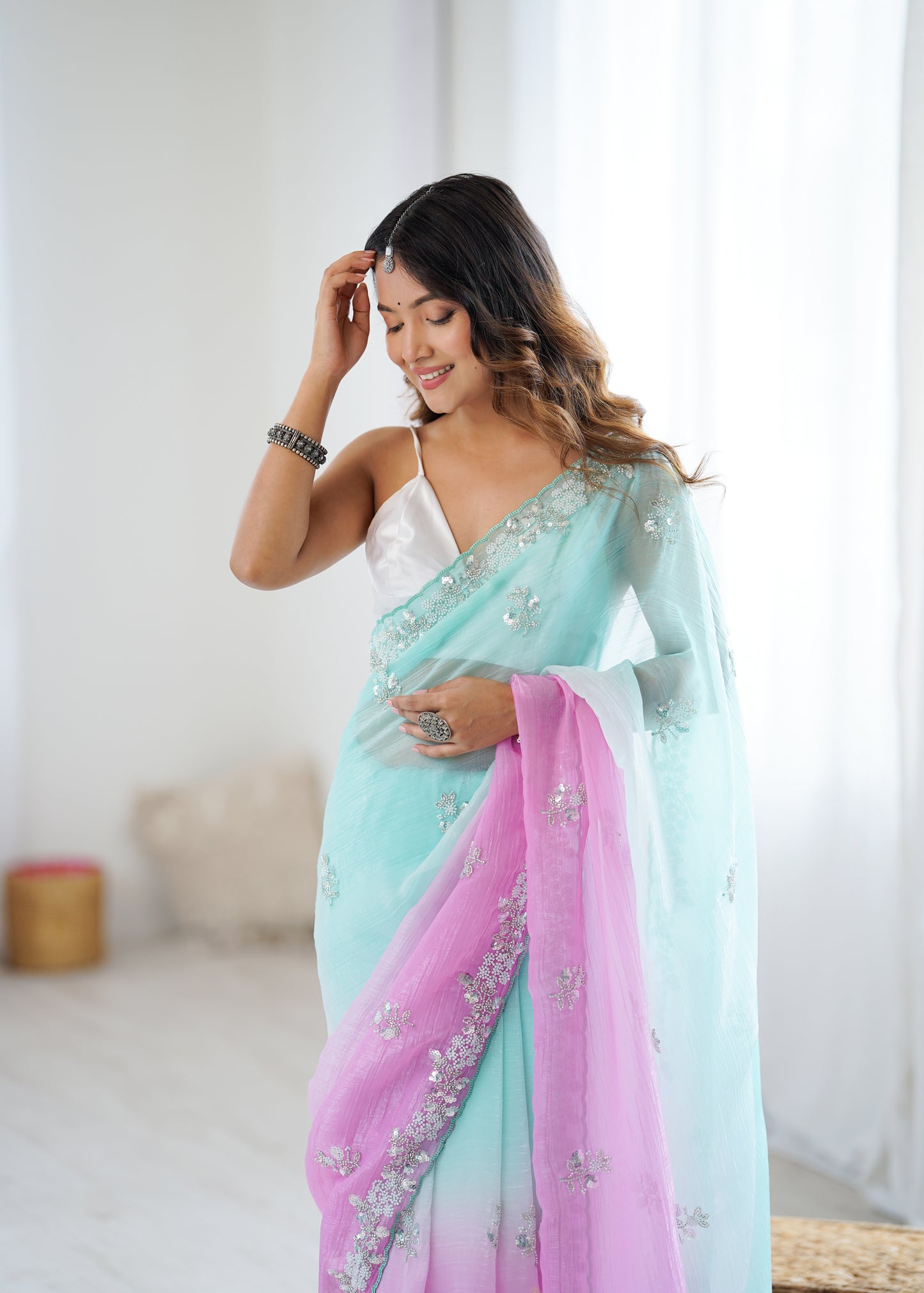 Chiffon Shaded Crush  Sequins And Moti And Cut Dana Embroidered  Work Ultra Sattin Blouse Piece