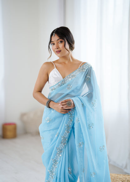 Chiffon Shaded Crush  Sequins And Moti And Cut Dana Embroidered  Work Ultra Sattin Blouse Piece