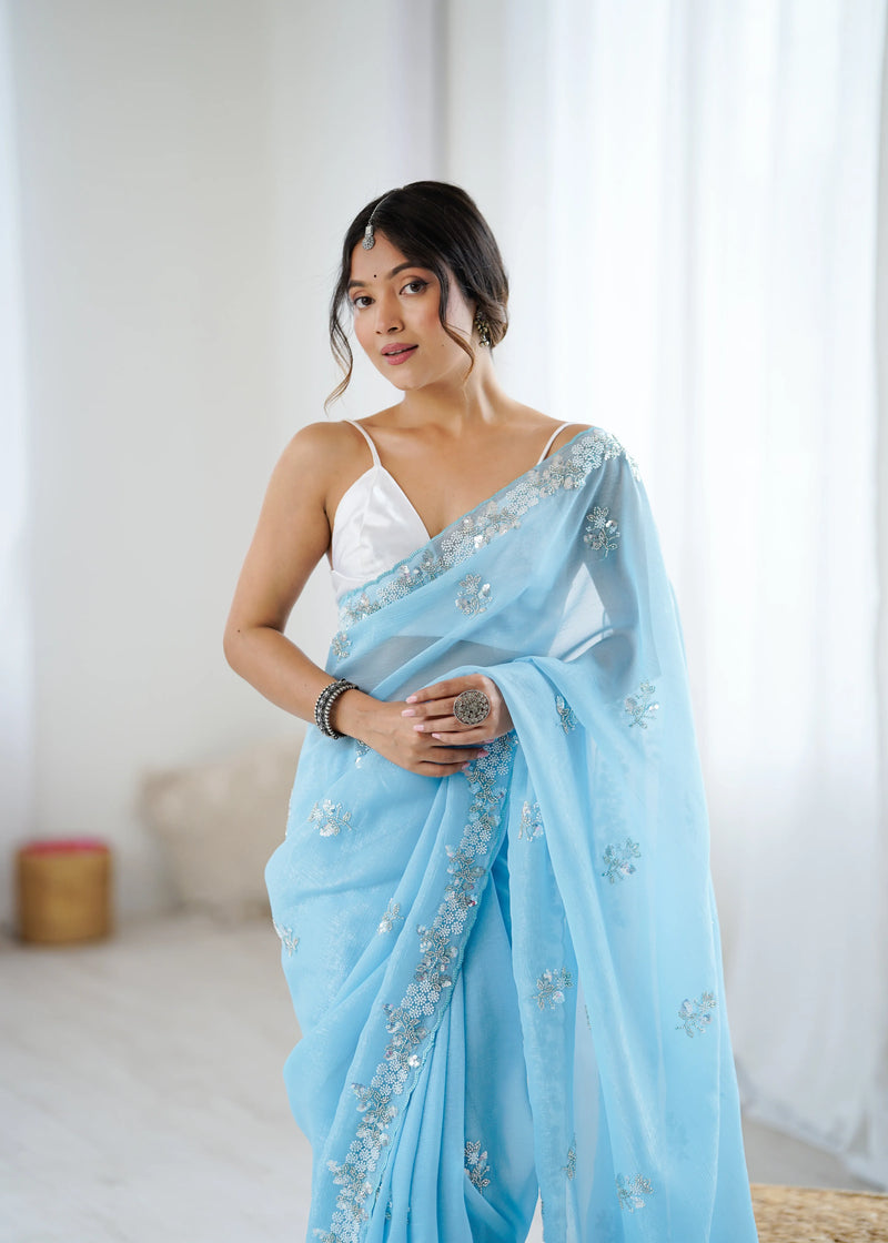 Chiffon Shaded Crush Sequins And Moti And Cut Dana Embroidered Work Ultra Sattin Blouse Piece - EZBER